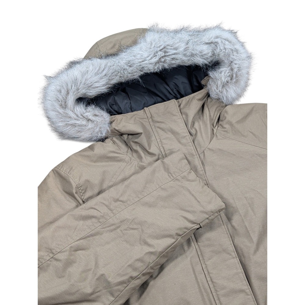 Columbia Parka Jacket Womens Medium Tan Faux Fur Hood Insulated Long Winter Coat
